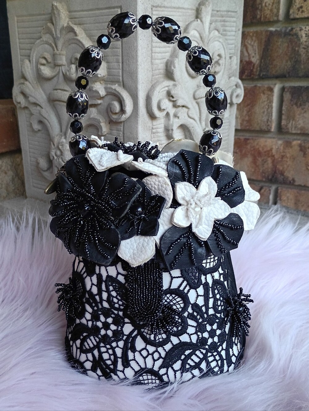 Mary Frances My Fair Lady Black And White Beaded Floral Lace Bucket Bag